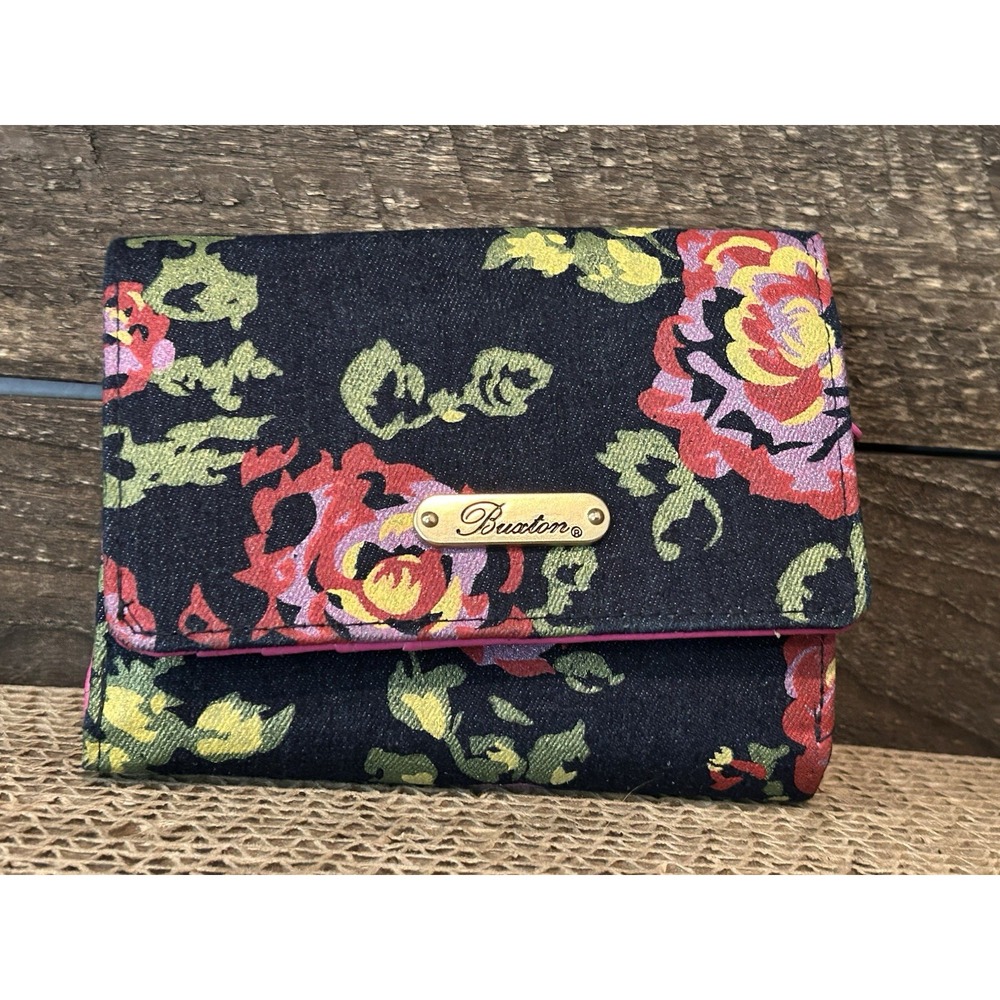 Buxton Brilliant Floral‎ Flower Blue Small Bifold Wallet Card Slots
